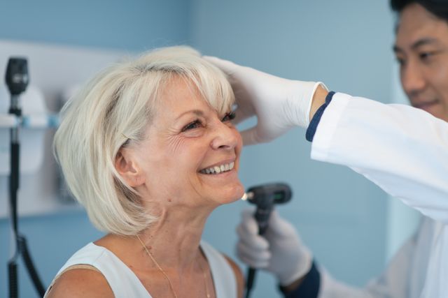 A smiling elderly woman receives an ear examination from a healthcare provider. 