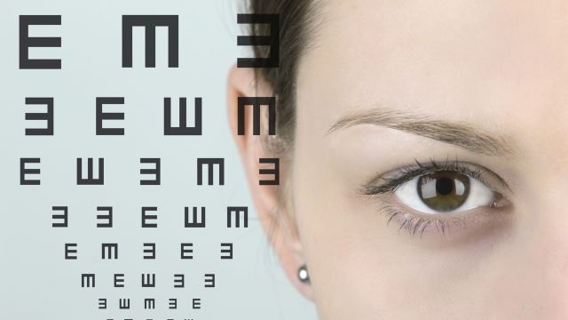 Close up of a woman's eye with test vision chart.
