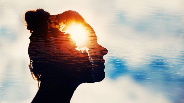A woman who is at risk for epilepsy is depicted in silhouette—with a golden sunset reflecting in her brain.