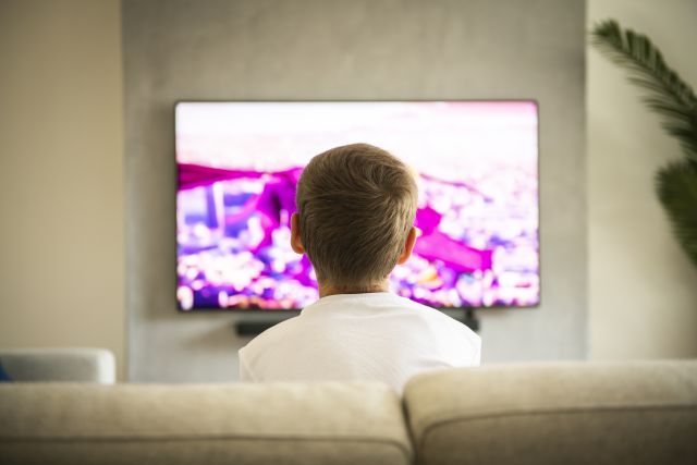 Rear view of boy watching TV