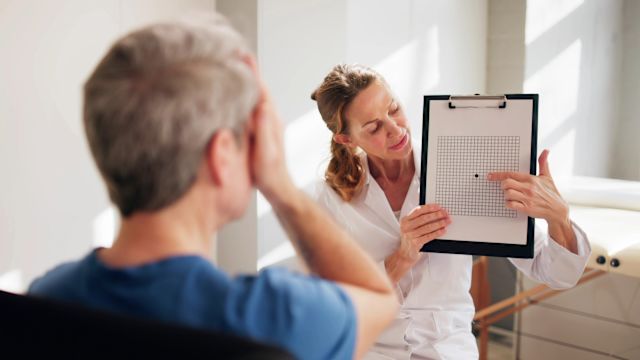 A senior man looks at an Amsler grid during an eye appointment. An Amsler grid is a simple tool for determining changes in vision.