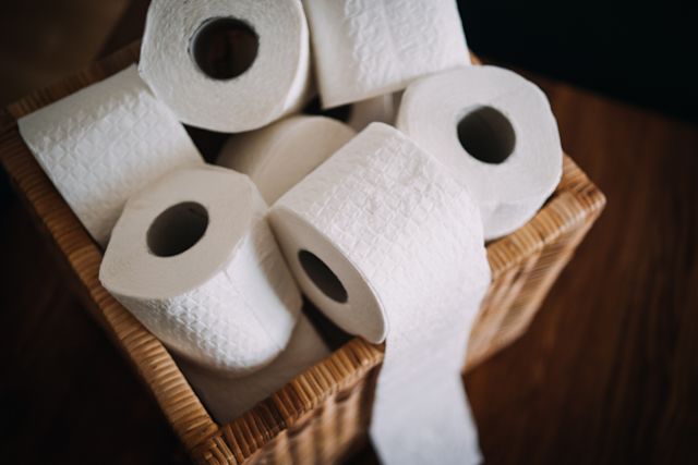 toilet paper rolls in wicker basket