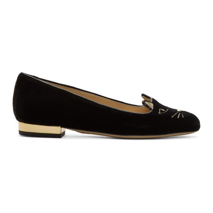 Charlotte Olympia Kitty Cat Face-embroidered Velvet Flats In 002 Black ...