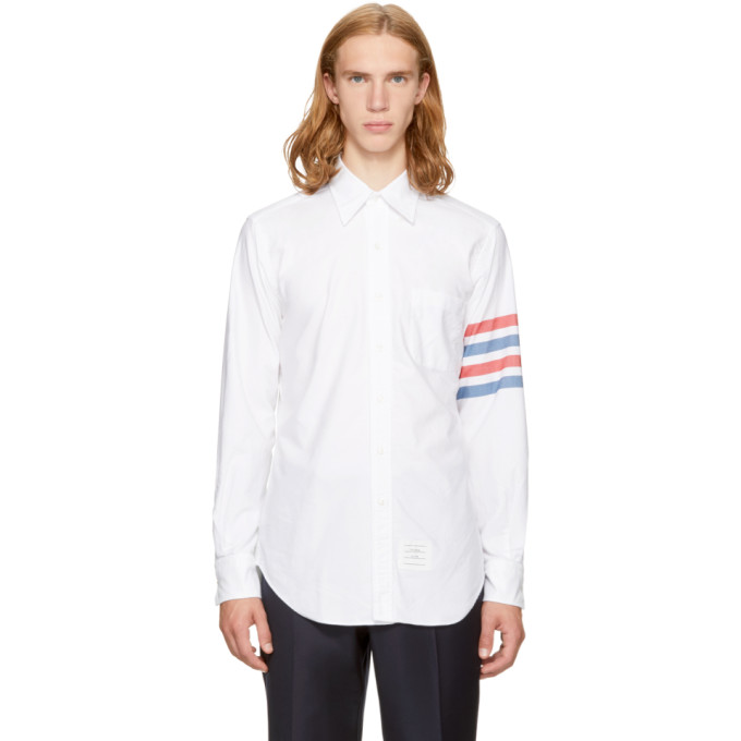 Thom Browne Button-Down Collar Striped Cotton Oxford Shirt In Rwbwht ...