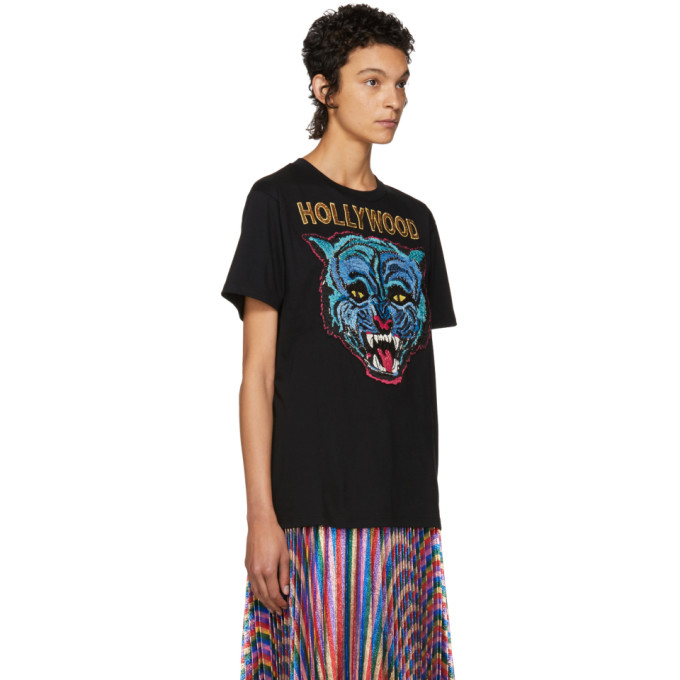 GUCCI Hollywood Tiger-Motif Cotton T-Shirt in Black | ModeSens
