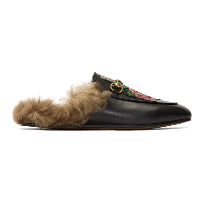 GUCCI Princetown Embroidered Fur Slide Loafers in Eero | ModeSens