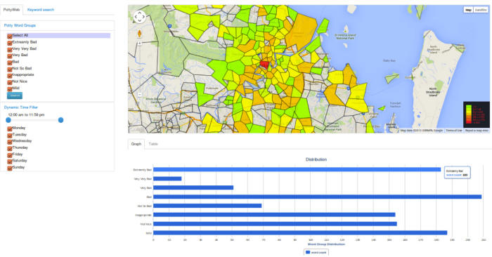 Mapping the frequency of bad language used in tweets across Brisbane. Image courtesy of AURIN.