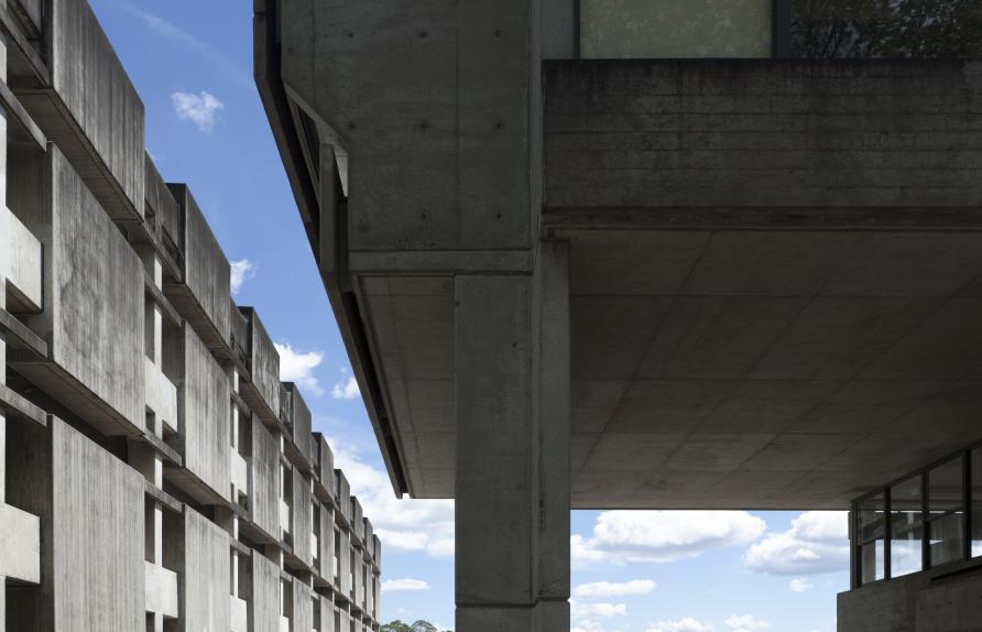 Macquarie University campus features strong off-form concrete and brick building