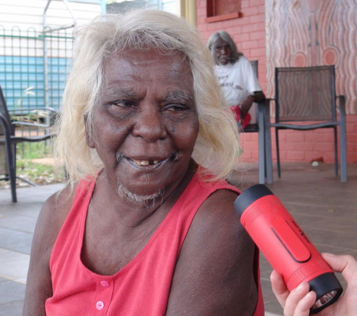 Joan Nummar listening to her late husband John Nummar speaking Marri Ngarr, recorded in June 1992. Picture: Associate Professor Rachel Nordlinger.