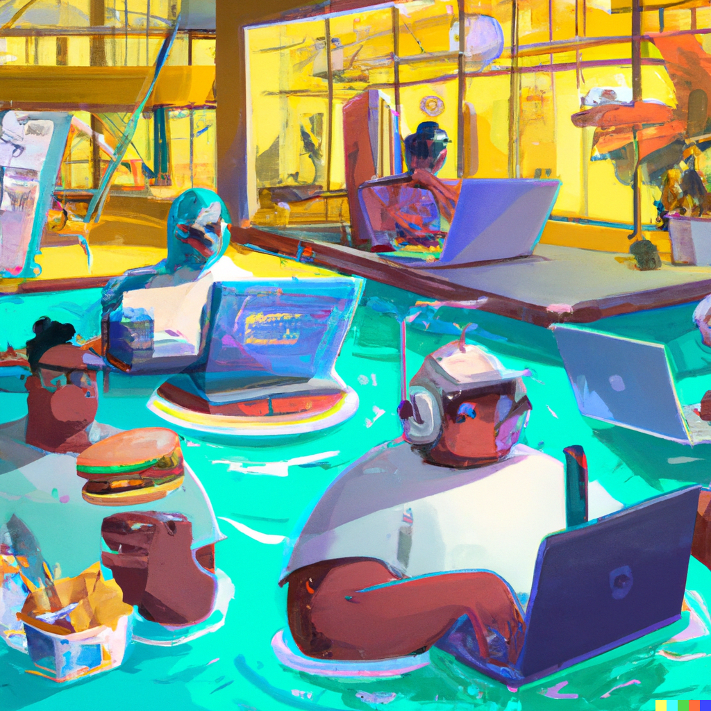 three fast food workers working on computers next to a swimming pool, digital art