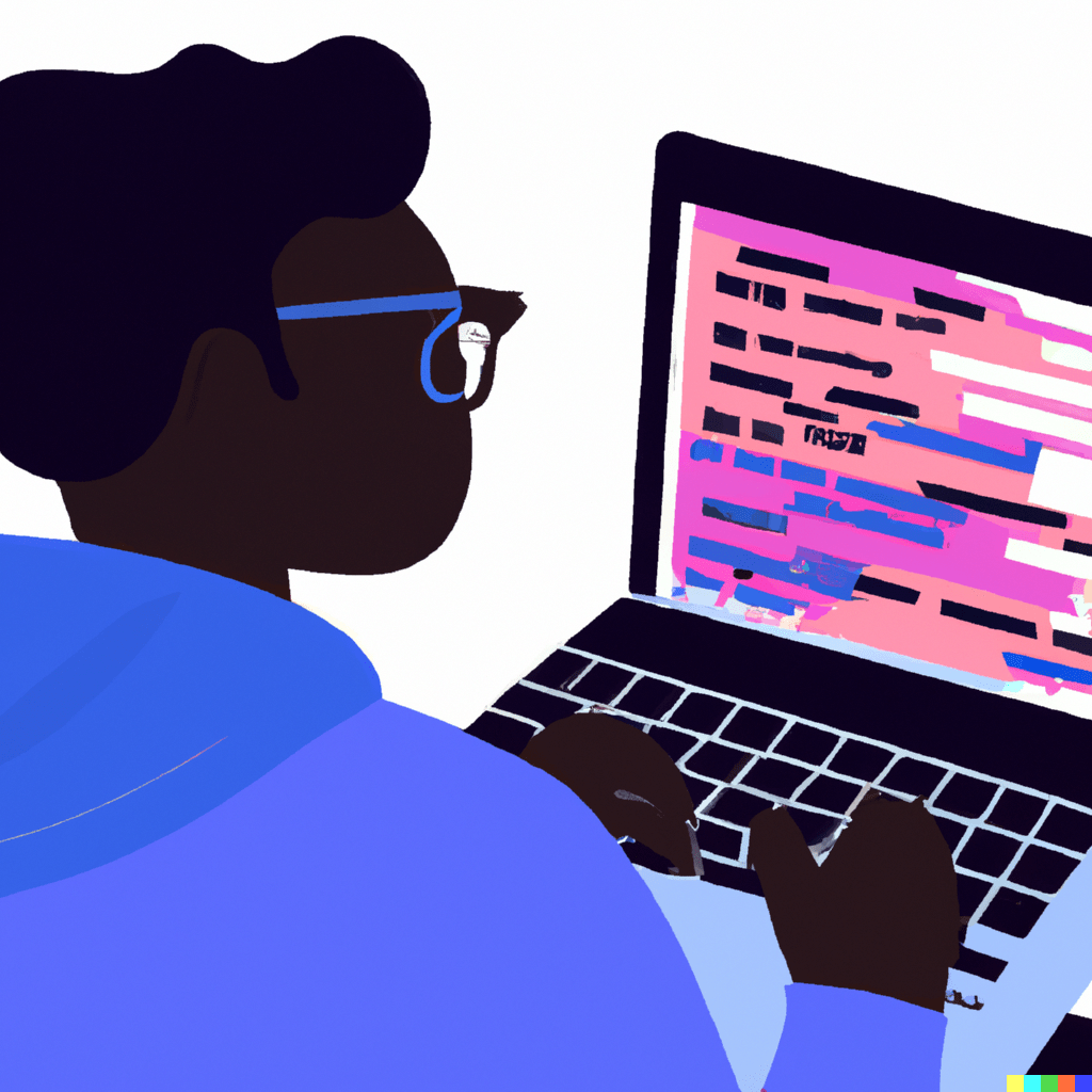 a programmer reading source code on a computer screen, illustrated and colorful