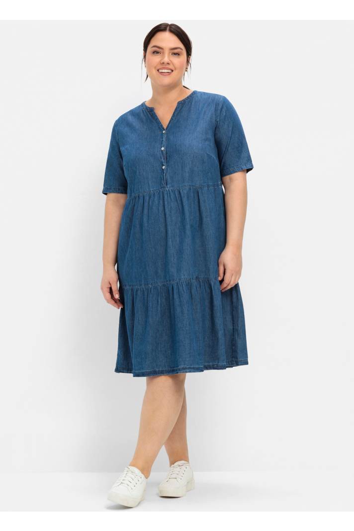 Jeanskleider Lang Damen – Denim-Maxikleid Mit V-Ausschnitt, 1/2 Arm, Wickeloptik & Seitenschlitz (Große Größen)