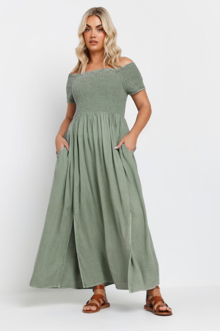 Yours – Gekräuseltes Maxikleid In Salbeigrün Aus Chambray Mit
