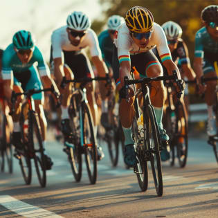 A group of cyclists in colorful jerseys and helmets race on a paved road.