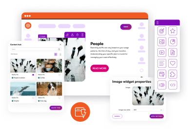 Xperience by Kentico visual page builder showing marketers launching pages and emails without developer help