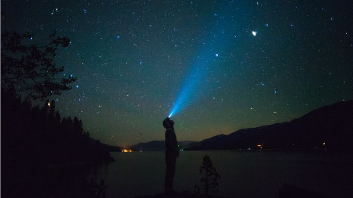 Person standing near lake at night looking into the starry sky