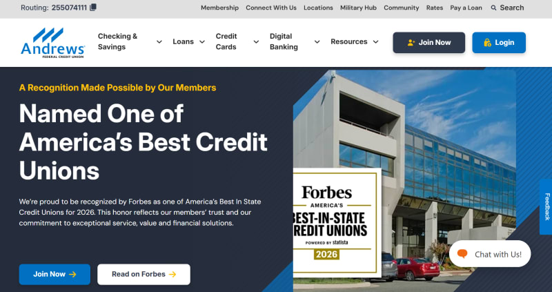 Andrews Federal Credit Union website homepage featuring a Forbes Best-In-State Credit Unions 2026 award announcement.