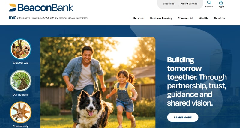 BeaconBank homepage featuring a smiling family with a dog outdoors and text reading Building tomorrow together.