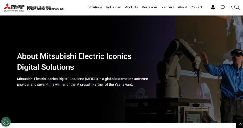 Website header showing Mitsubishi Electric Iconics Digital Solutions branding and a robotic arm.