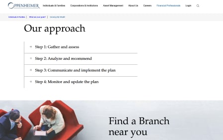 Oppenheimer website showing "Our approach" with four steps and a "Find a Branch near you" section.